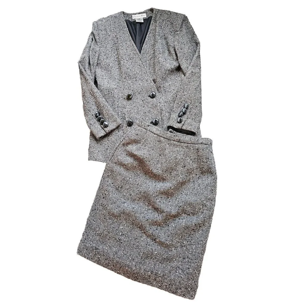 Vintage Christian DIOR Skirt Blazer Suit Set Size 8 Speckled Tweed Wool Blend